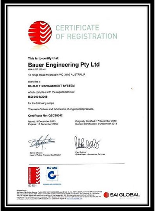 Bauer- Quality Certificate